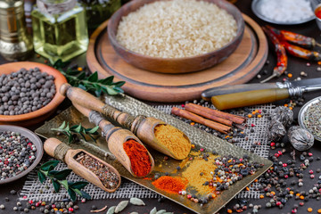 Spices and seasonings for cooking in the composition on the table