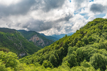 Spring in the mountain with puffy white clouds on sky
