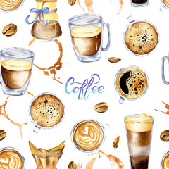Fototapety  Akwarela bezszwowe wzór w stylu retro ze szklanymi filiżankami kawy, pourover, plamami i ziarna kawy. Vintage ornament kawowy z organiczną teksturą w kolorach złotym, brązowym, fioletowym i niebieskim blue
