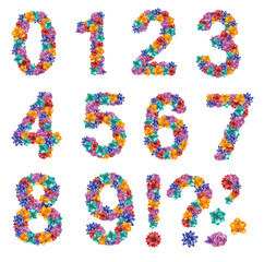 Number shaped flowers: orchid, daisy, rose and passionflower in yellow, purple, blue, turquoise and red colors. Hand drawn watercolor illustration.