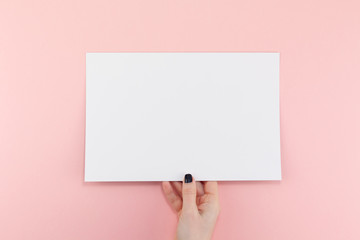 Woman hands with blank A4 paper sheet mockup