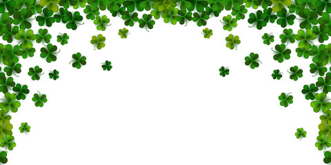Happy Saint Patrick's day background with realistic shamrock leaves, decorative frame template, vector illustration
