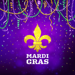 Mardi Gras flyer, decorative advertisement banner with colorful beads, vector illustration - 250513836