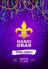 Mardi Gras flyer, decorative advertisement banner with colorful beads, vector illustration - obrazy, fototapety, plakaty