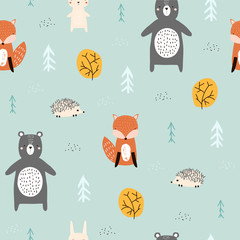 Seamless pattern with forest animals. Kids cute print. Vector hand drawn illustration.