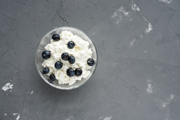 Top view of one bowl of cottage cheese and blueberries on cement background with copy space