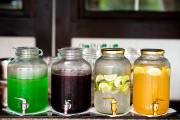 Jars with handmade lemonade and juices