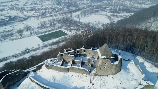 Aerial view: Incredible winter view of the ruins of an ancient castle Nevitsky castle, HD