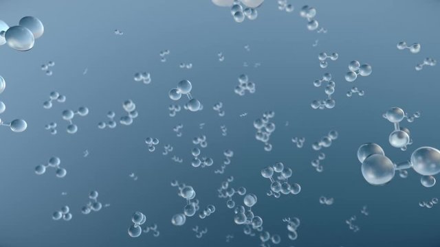 Rotating h2o water particles blue background 