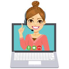 Illustration of call center woman operator wearing headset on laptop screen online support concept