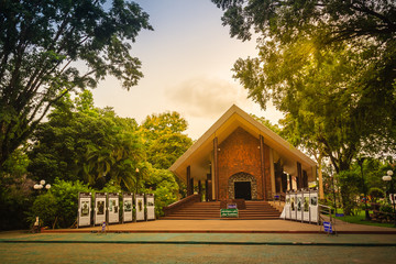 Sakon Nakhon, Thailand - August 4, 2017: Beautiful walls decorated with terracotta tiles in museum building of Luangpoo Mun Buritatto, the famous strict monk. Located at Wat Pa Sutthawat, Sakon Nakhon