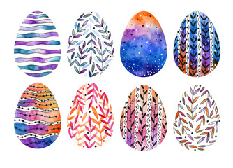 A set of Easter eggs with floral designs, painted with a helium pen. Watercolor.