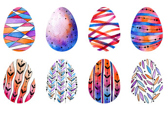 A set of Easter eggs with floral designs, painted with a helium pen. Watercolor.