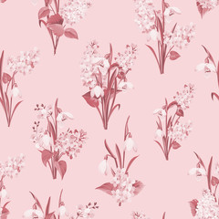 Seamless pattern of siringa and galantus flowers for fabric pattern on blue backdrop. Vector illustration.