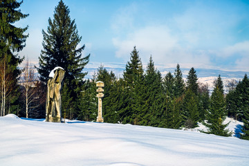 Wood old Sculpture Art Outdoor in snow