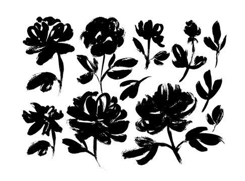 Spring flowers hand drawn vector set. Roses, peonies, chrysanthemums isolated cliparts.