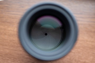 close up of a black camera lens 