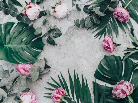 Floral frame with pink peonies and tropical leaves. Top view, flat lay