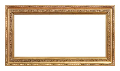 Panoramic golden frame for paintings, mirrors or photo isolated on white background