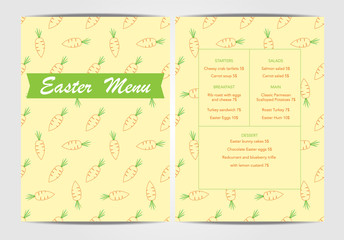 Vector Easter menu or Party Invitations and Greeting Cards with carrot pattern. Spring holiday celebration poster design template.