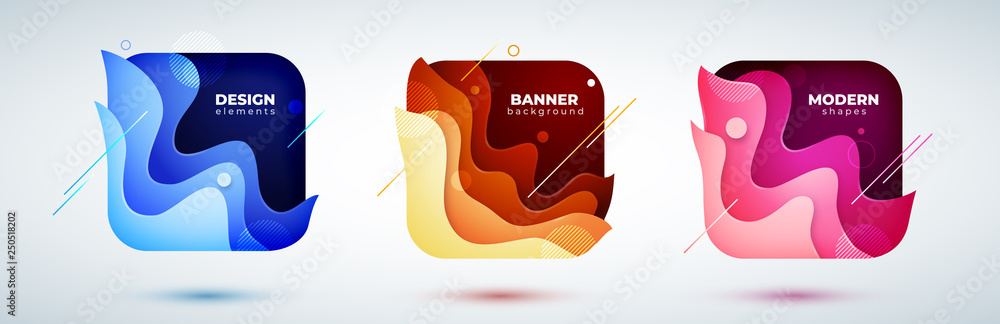 Wall mural set of square liquid abstract geometric shapes. fluid gradient elements for minimal banner, logo, so