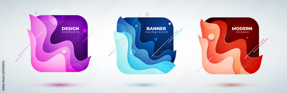 Wall mural set of square liquid abstract geometric shapes. fluid gradient elements for minimal banner, logo, so