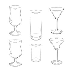 Collection of hand drawn glasses for cocktails and drinks. Isolated on white. Black and white. Vector illustration.