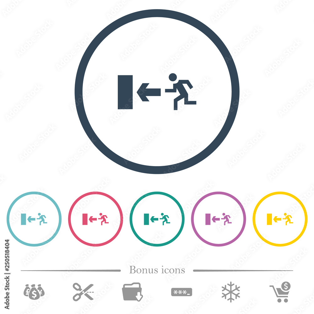 Poster exit sign flat color icons in round outlines