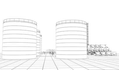 oil refinery, chemical production, waste processing plant, contour visualization, 3D illustration, sketch, outline
