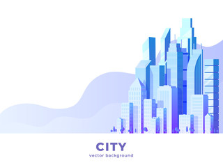 Vector horizontal illustration of big city and skyscrapers with clouds