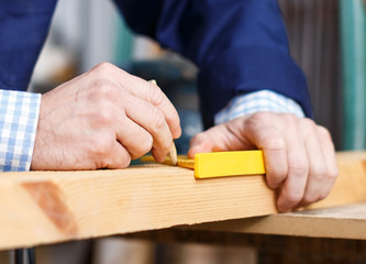 Hands with ruler measuring wooden detail