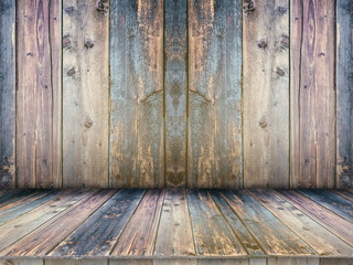 Wooden board empty table in front of blurred background.