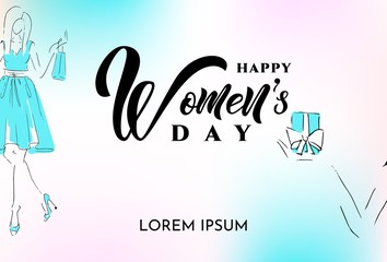 Happy womens day with sketch of a beautiful girl with gift.