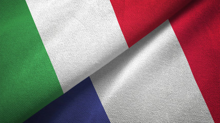 Fototapeta na wymiar Italy and France two flags textile cloth, fabric texture