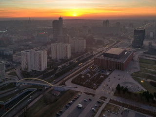 Fototapeta na wymiar The modern city centre of Katowice at sunset