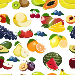 Fresh fruits seamless pattern isolated on white background.