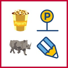 4 large icon. Vector illustration large set. popcorn and parking icons for large works