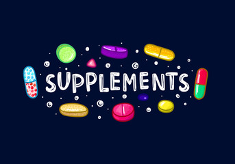 Lot of colorful pills and capsules. Dietary supplements. Healthy lifestyle. Alcohol markers style. Doodle. Health and care. Design for clinics, hospitals, pharmacies, medical posters. Vector, eps10