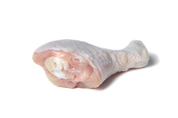 Raw chicken leg with skin. Uncooked poultry meat isolated on white background