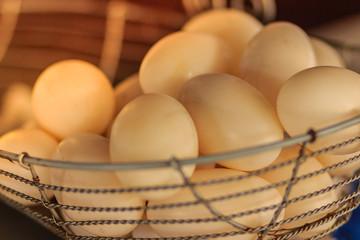 White crocodile eggs were collected in a steel basket before putting in the incubator in crocodile farm.