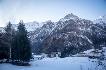 Winter evening in the Italian mountains.  Breuil-Cervinia.