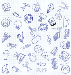 Vector set of secondary school icons in doodle style. Painted, drawn with a pen, on a sheet of checkered paper