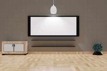  Modern Living room interior with a large white board and lampshade on a top brown wall, a lockers and flowers pot on the wood floor for vintage style. 3d rendering