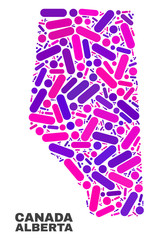 Mosaic Alberta Province map isolated on a white background. Vector geographic abstraction in pink and violet colors. Mosaic of Alberta Province map combined of scattered round points and lines.