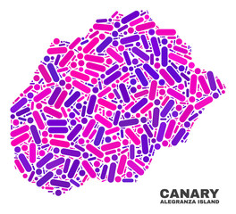 Mosaic Alegranza Island map isolated on a white background. Vector geographic abstraction in pink and violet colors. Mosaic of Alegranza Island map combined of random circle points and lines.
