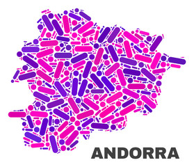 Mosaic Andorra map isolated on a white background. Vector geographic abstraction in pink and violet colors. Mosaic of Andorra map combined of random round dots and lines.