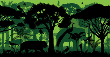Vector Indian horizontal seamless tropical rainforest Jungle forest background with animals