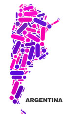 Mosaic Argentina map isolated on a white background. Vector geographic abstraction in pink and violet colors. Mosaic of Argentina map combined of scattered circle points and lines.