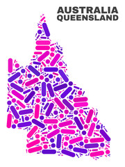 Fototapeta na wymiar Mosaic Australian Queensland map isolated on a white background. Vector geographic abstraction in pink and violet colors.