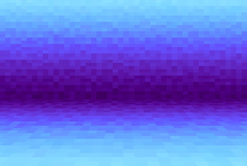 Blue and purple abstract gradient background. Pixel square blocks. Mosaic pattern. Planes in angle perspective. Empty space, wall, floor, scene